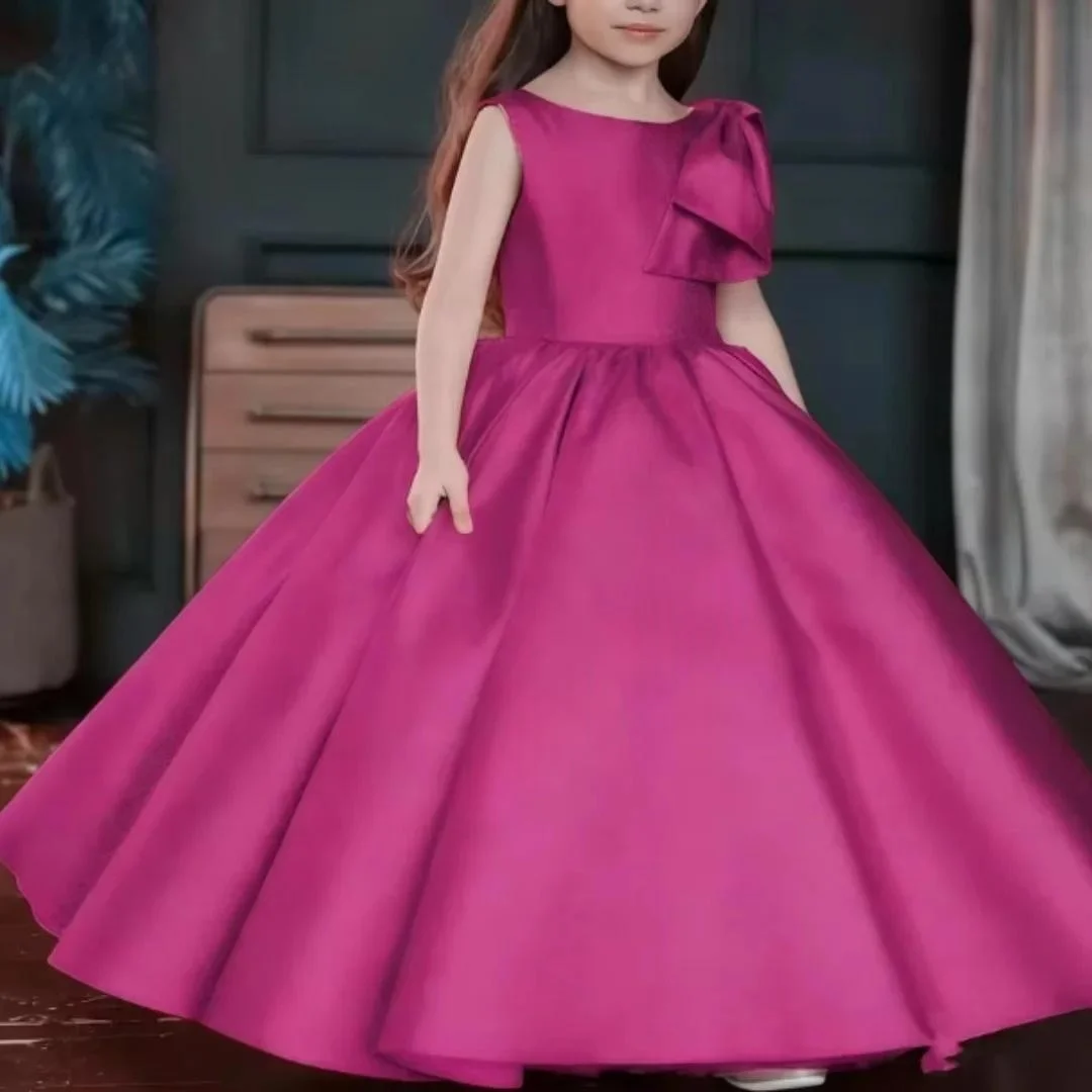 Custom Luxury Dress Flower Girl Wedding Gown Pageant Catwalk Fuchsia Satin Bow Sleeveless Kid Luxe Birthday Guest Formal Gown