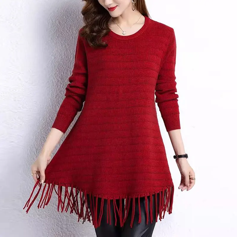 Basic Casual O-Neck Knitted Jumpers Autumn Winter Fashion Tassel Spliced Women\'s Clothing Loose Solid Color Long Sleeve Sweaters