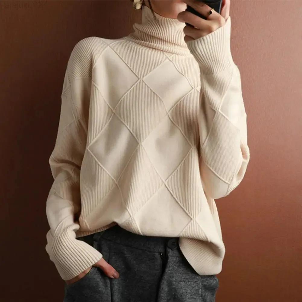 Turtleneck Winter Sweater Women Elegant Thicken Warm Knitted Pullover Crochet Texture Slim Tops Loose Jersey Knitwear Jumper