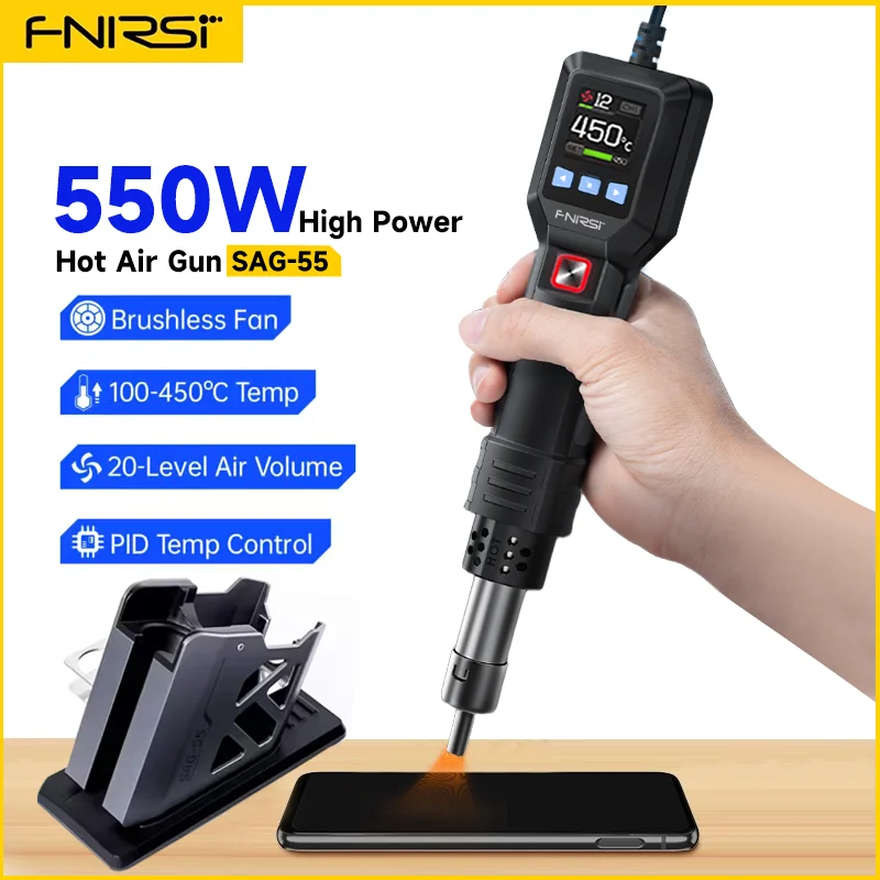 FNIRSI SAG-55 Micro Hot Air Gun 550W with Stand BGA Rework LCD Digital Hair Dryer Soldering Heat Gun for Welding Repair Tools
