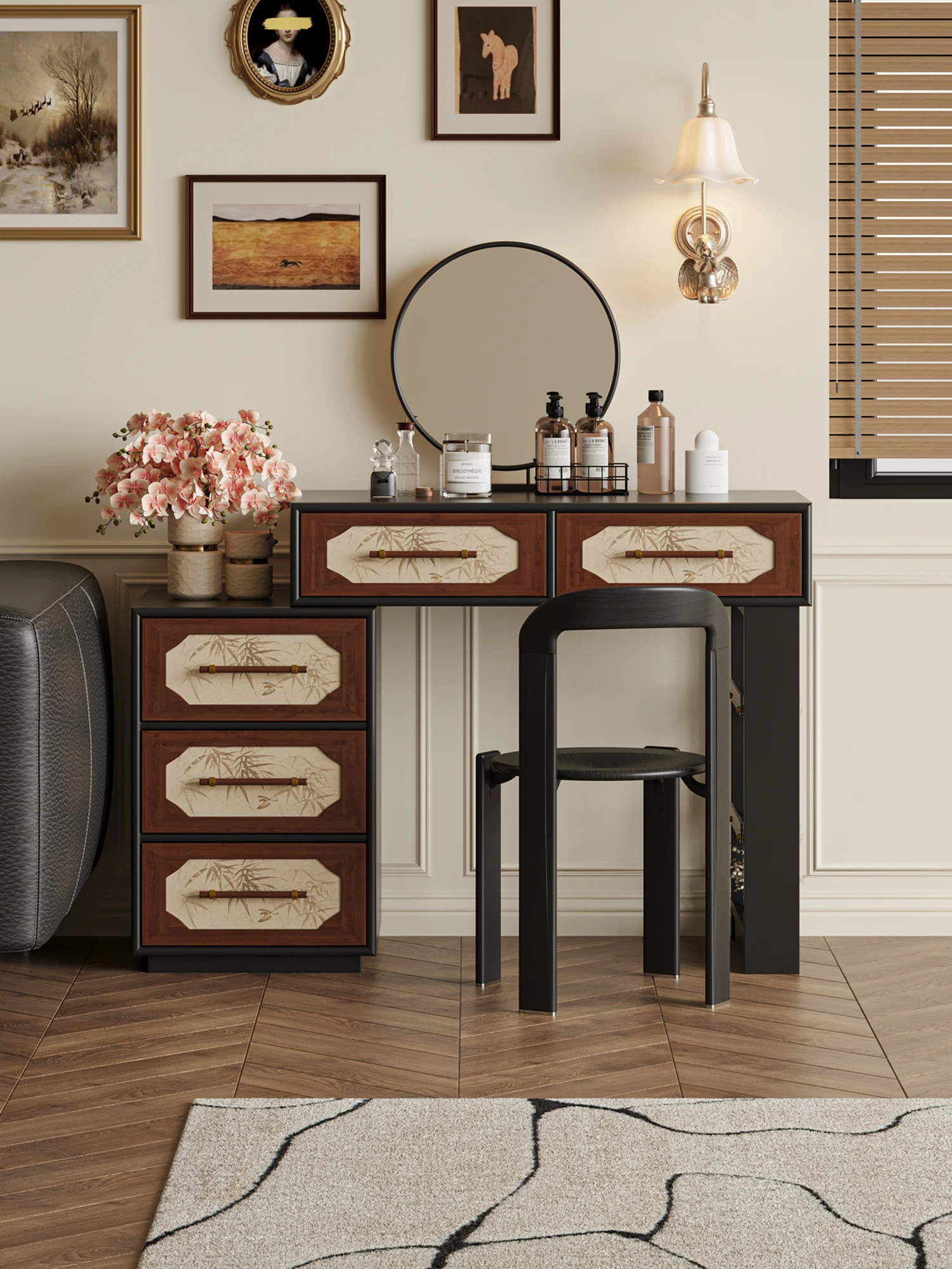 Solid wood retro bamboo printing dresser designer home bedroom bedside dressing table storage integrated cabinet