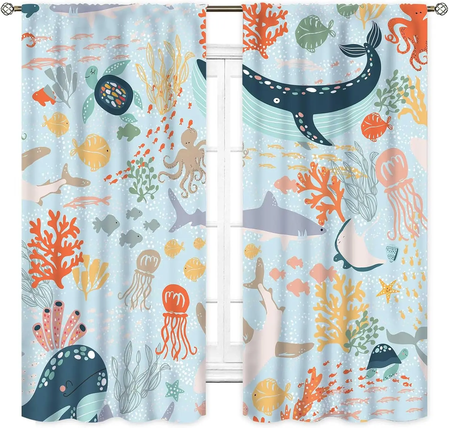 Shark Kids Curtains, Sea World Underwater Fish Ocean Animals Whale Fish Colorful Window Drapery Treatments for Boys Girl Baby