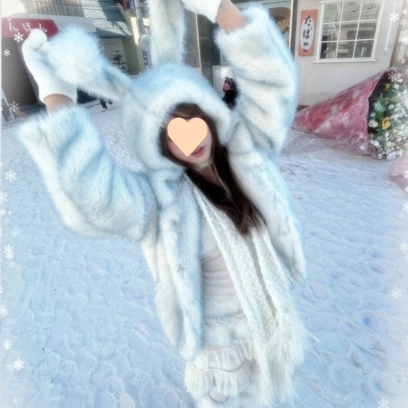 

Градиентное пальто из искусственного меха, женская толстовка с кроличьими ушками, экологически чистая кожаная толстая теплая зимняя куртка Kawaii, милая зимняя одежда для девочек