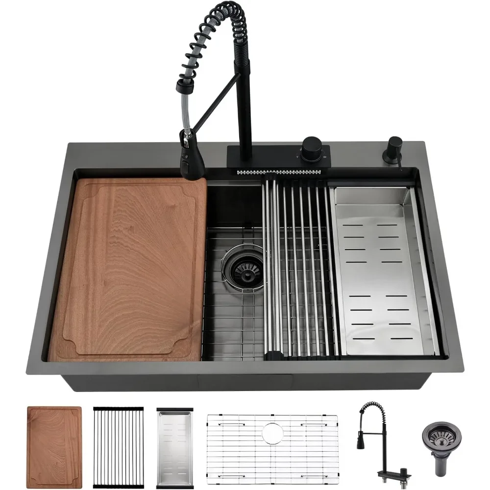 

33 Inch Black Drop in Waterfall Kitchen Sink with Faucet Combo, 33x22 Drop in Kitchen Sink Workstation 16 Gauge