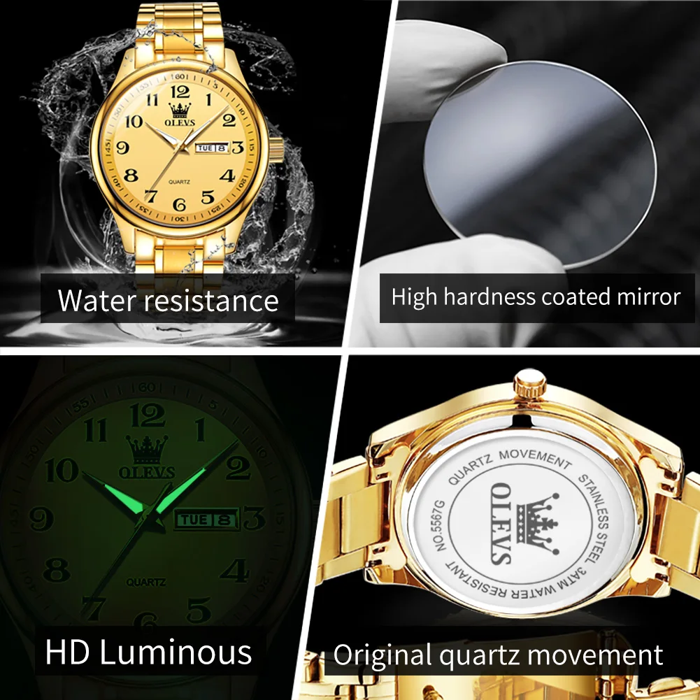 OLEVS Quartz Watch for Men Luxury Stainless Steel Waterproof Week Date Clock Elegant Dress Business Quartz Wristwatch Top Brand