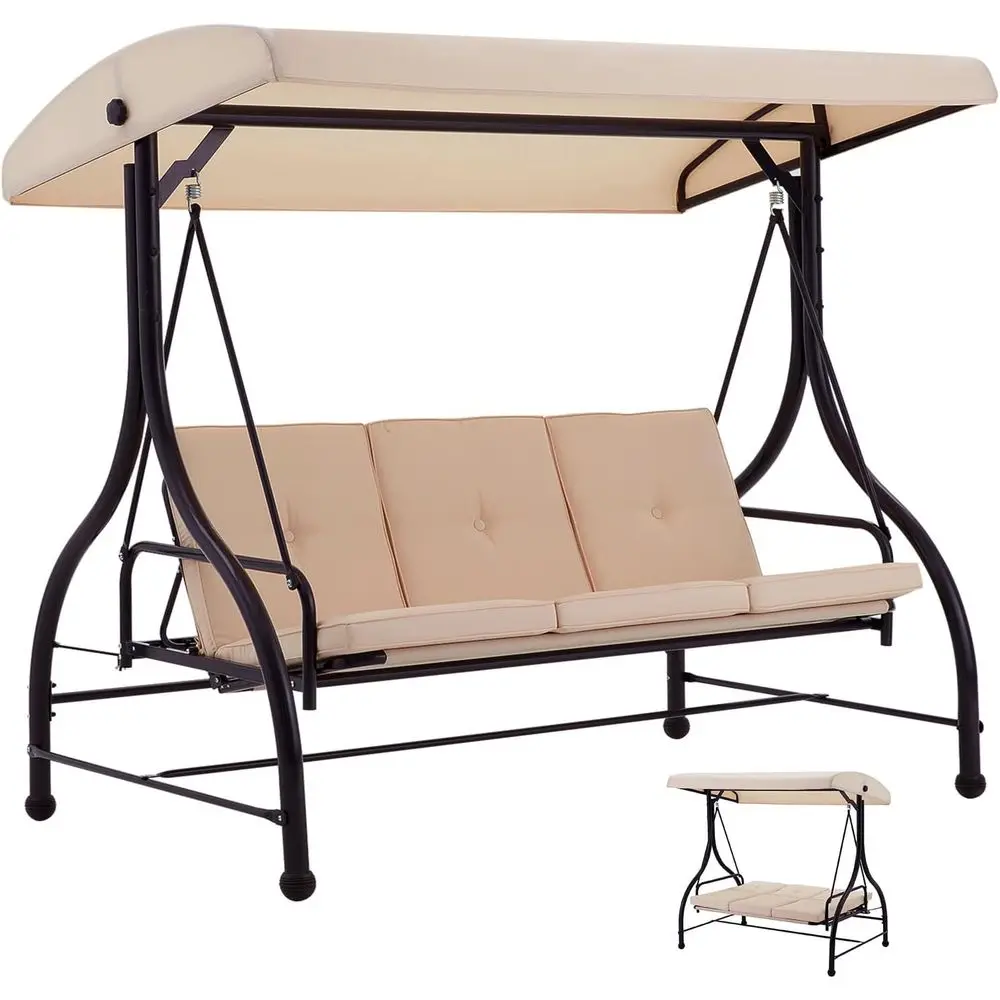 

Трехместные регулируемые садовые качели с подставкой и съемными бежевыми подушками