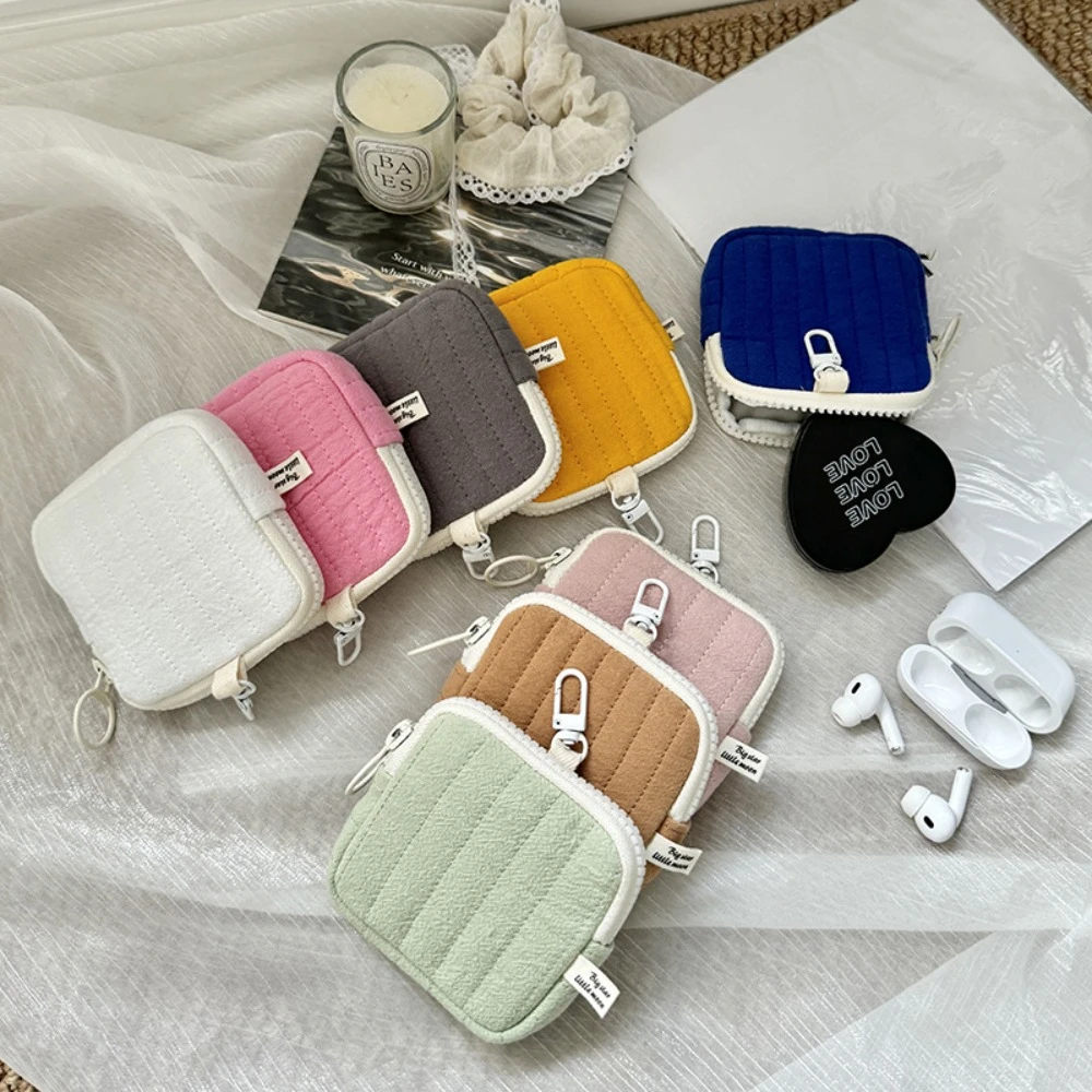 Multifunctional Quilting Seam Coin Pouch Mini Square Small Cosmetic Bag Korean Style Lightweight Earphone Storage Case Male