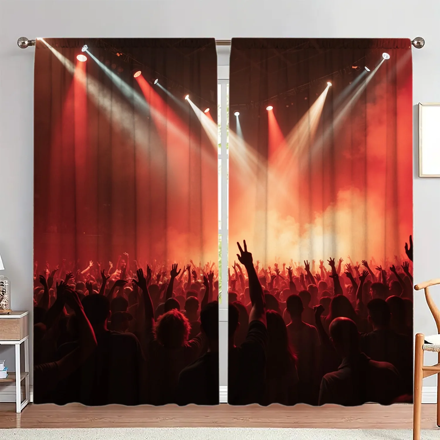 3D Concert Stage Curtains, Rock Music Festival Crowd Drapes, Red Spotlight Party Decor for Living Room Bedroom, Blackout Fabric