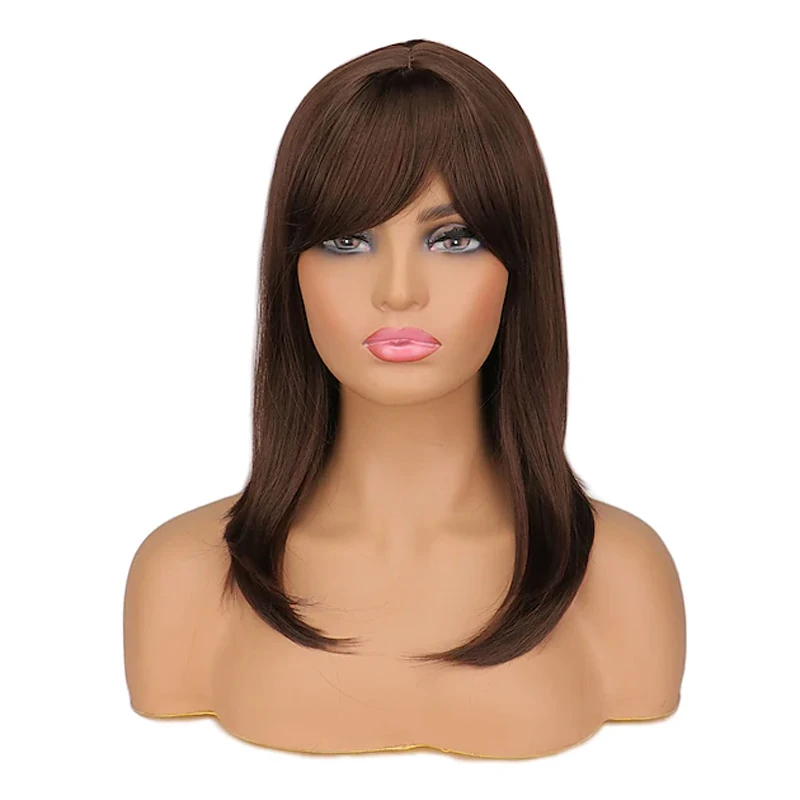 HAIRJOY Synthetic Hair Wig  Women Dark Brown   Medium Long Straight Side Part Bangs Wigs