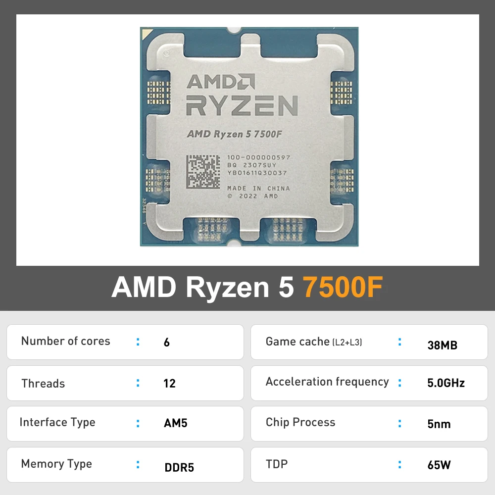 AMD Ryzen 5 7500F R5 7500F 3.7GHz 6-Core 12-Thread CPU Processor 5NM L3=32M 100-000000597 Socket AM5 NEW but without cooler