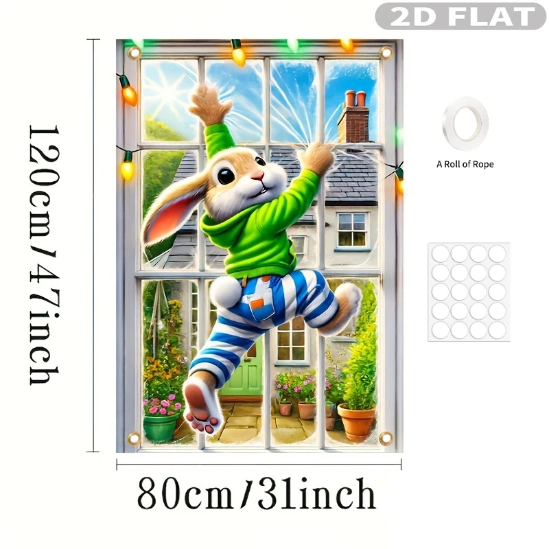 2D Flat 1pc Easter Bunny Window Banner, Rabbit Window Cling - 80x120cm Durable Polyester Flag, Easy Hang, No Power Needed