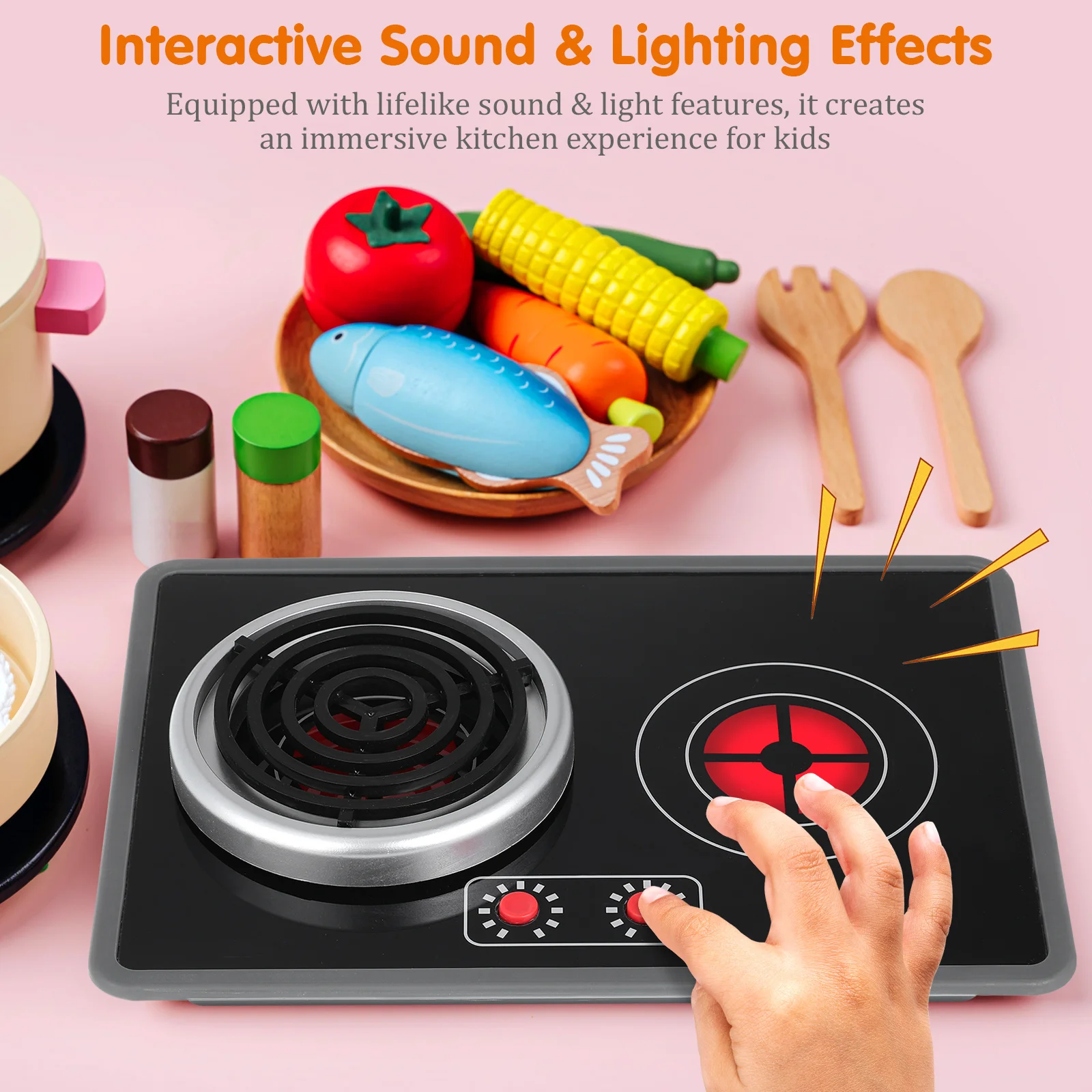 1セット キッズごっこ遊びキッチン家電 リアルな光と音の誘導式コンロ 耐久性のある子供用シミュレーションクッキングセット