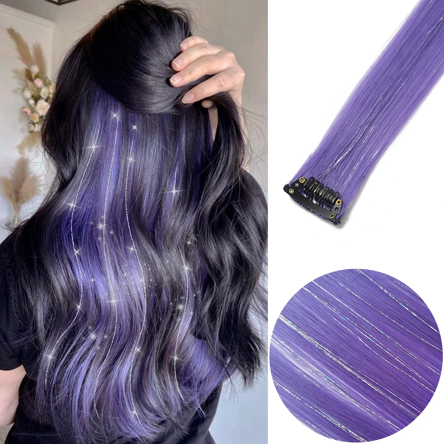 

Clip in Colored Hair Extensions Mixed Silver Tinsels Synthetic Rainbow Hairpiece Holiday Party Highlights for Women Girls