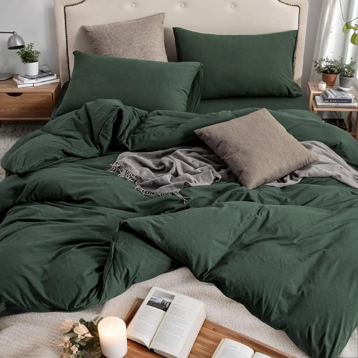 

100% Cotton Jersey Knit Duvet Cover Set - Super Soft, Queen Size with Zipper Closure in Solid Forest Green