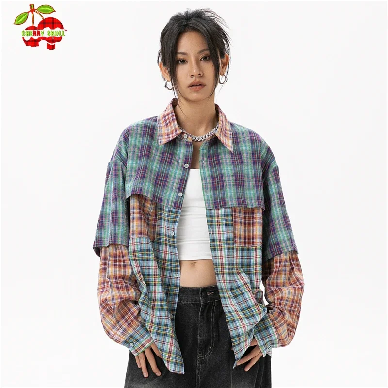 Plaid Shirts & Blouses Plus Size Woman Korean Style Fashion Women\'s Clothing Sales Trend 2024 Youthful Woman Clothes Ladies Tops