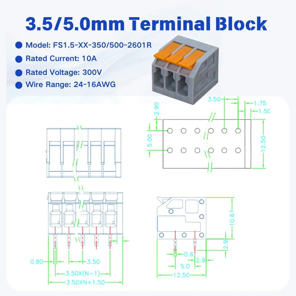 1Pcs PCB terminal block FS1.5 DA803R 2601 1.5 mm² spacing 3.5 or 5.0 mm pitch gray 2601-1102 3 4 5 6