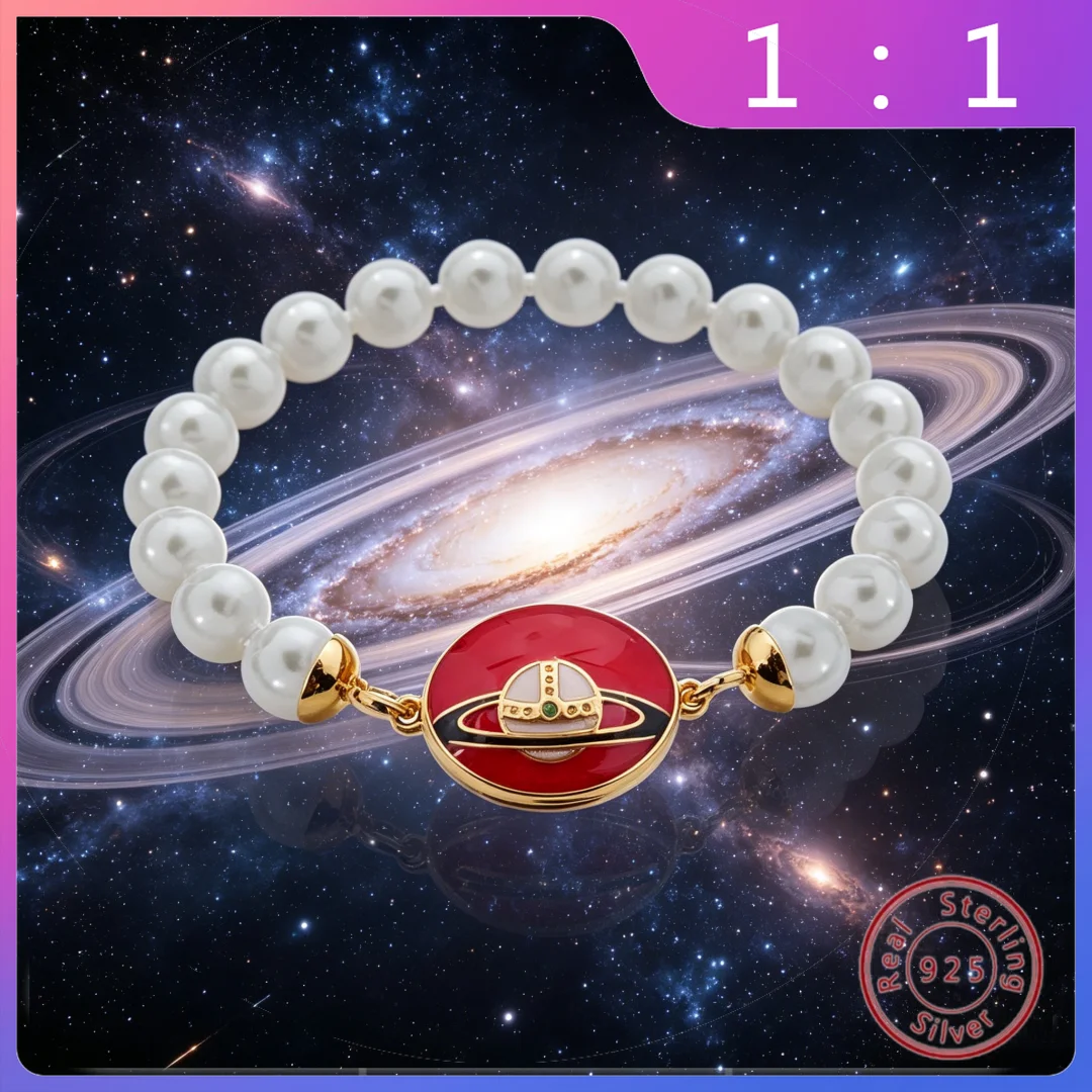 

Браслет из серебра S925 премиум-класса с жемчугом и красным камнем в стиле ретро, модный и элегантный, с изображением планеты Сатурн