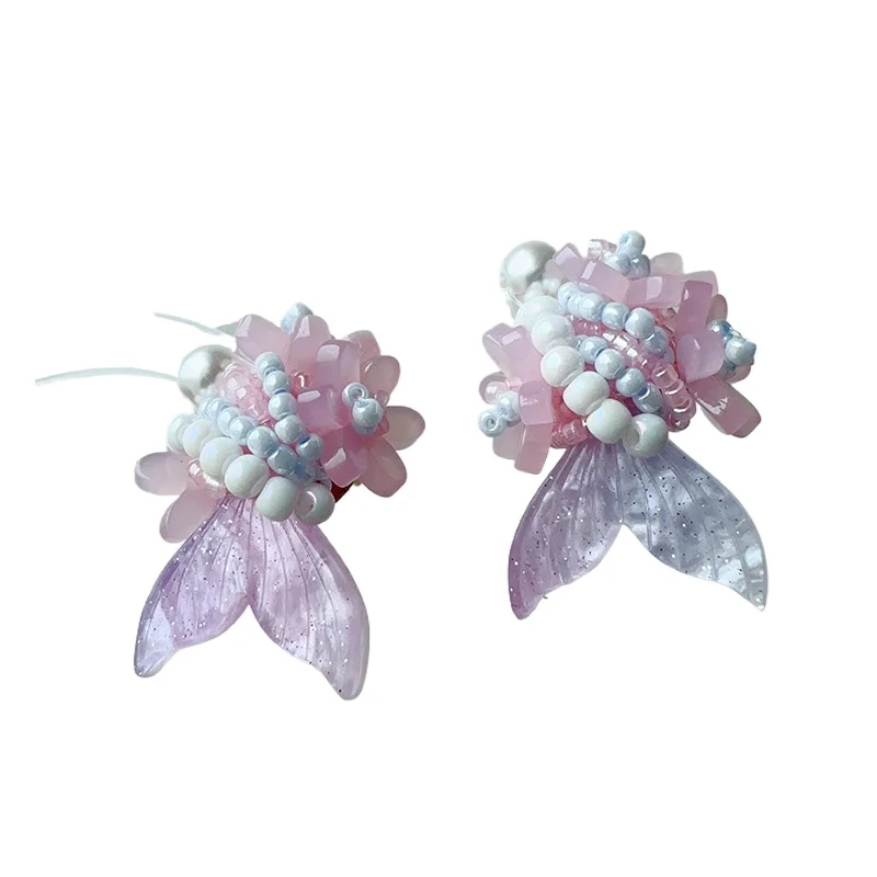 

Handmade gradient pink flower mermaid bead anime cute stud earrings