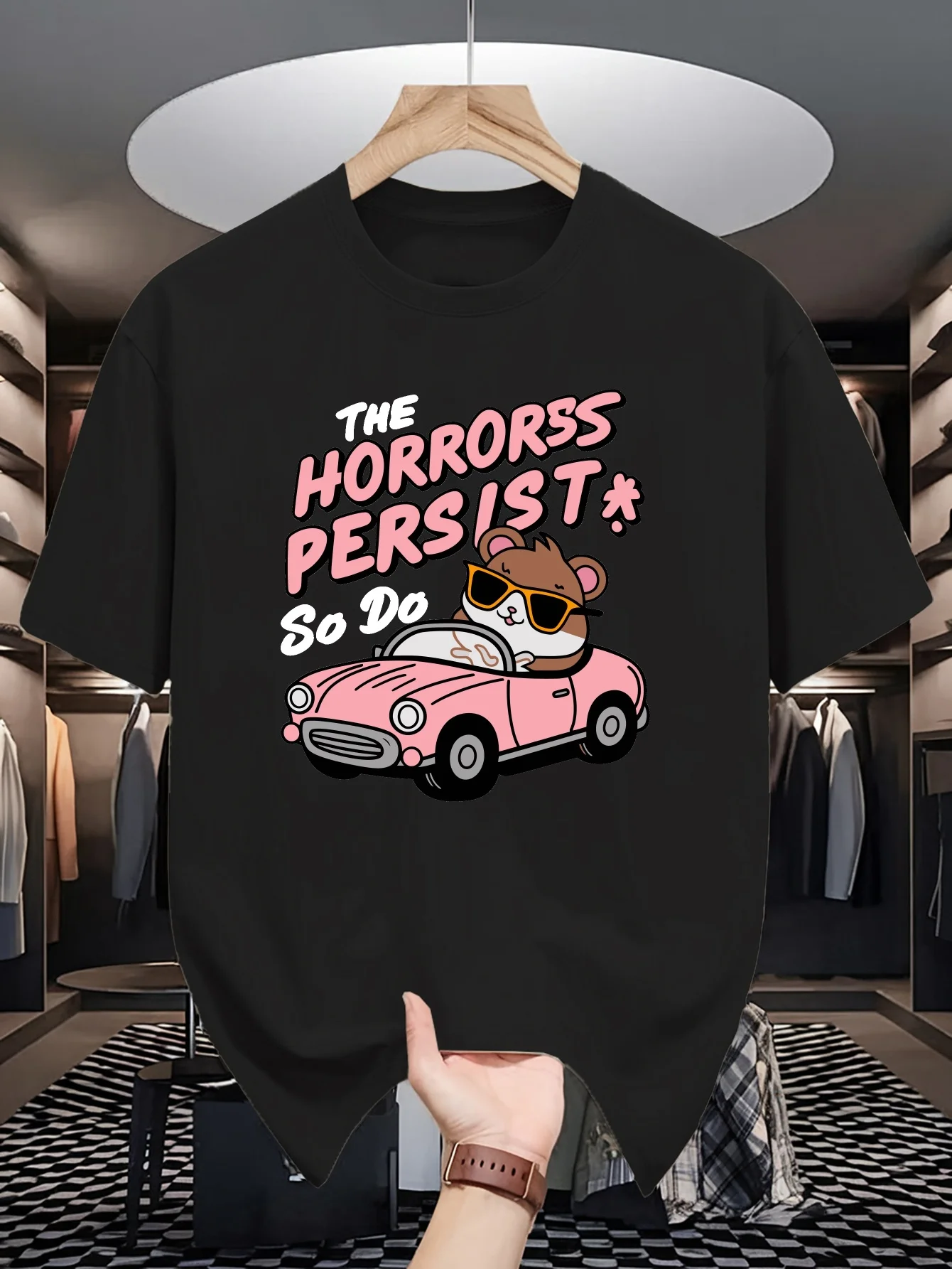 Cartoon Hamster Driving Pink Car Funny Graphic Mens Crew Neck T Shirt Cool Casual Short Sleeve Casual Cotton Summer Tops