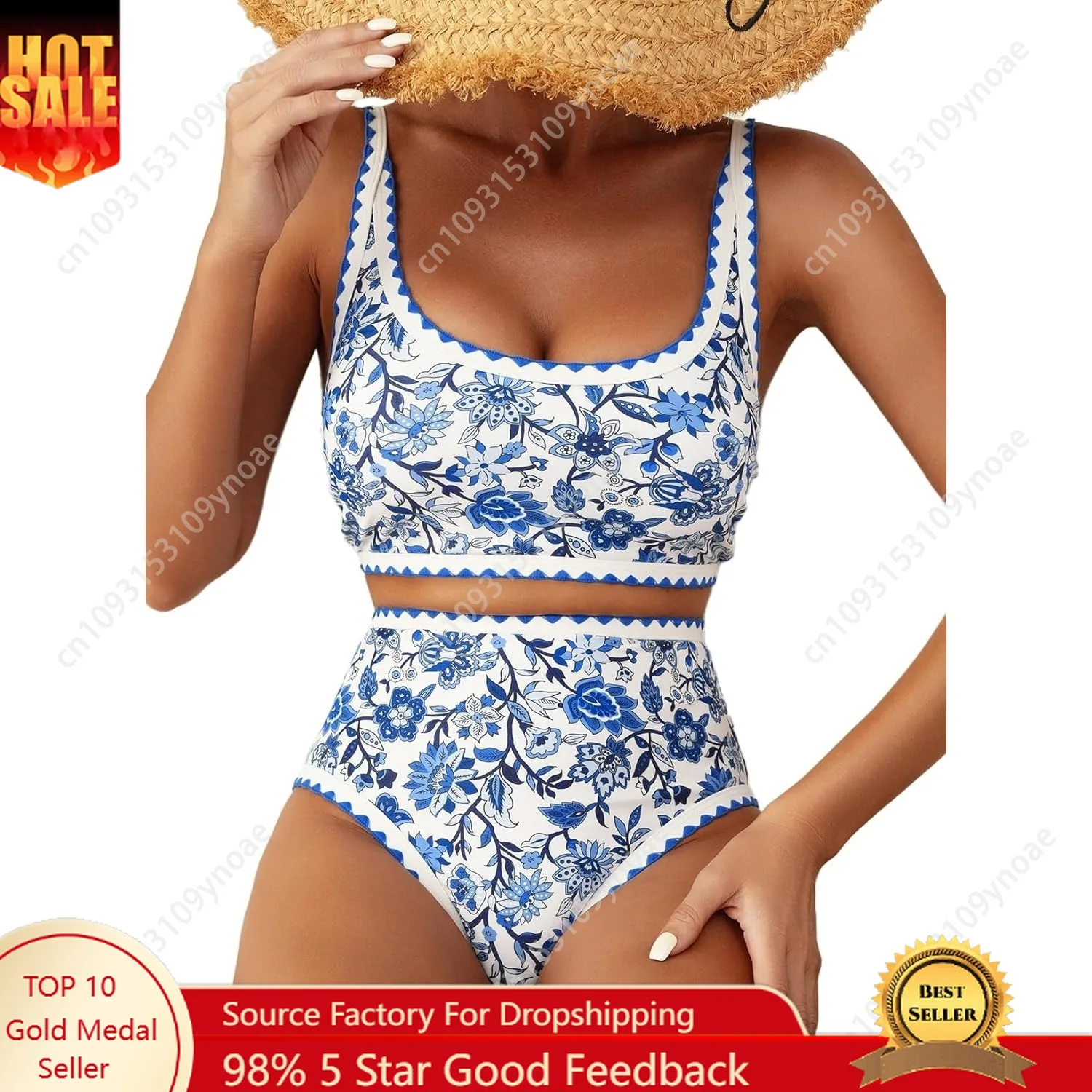 

Retro Floral Edging Bikini Set Sexy Women Paisley Pattern High Waist Round Neck Swimsuit Adjustable Shoulder Straps Bra Thong