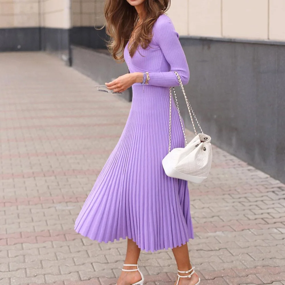 2025 outono inverno europeu americano elegante feminino vestido de malha manga longa com decote em v envoltório busto comprimento médio plissado camadas estilo