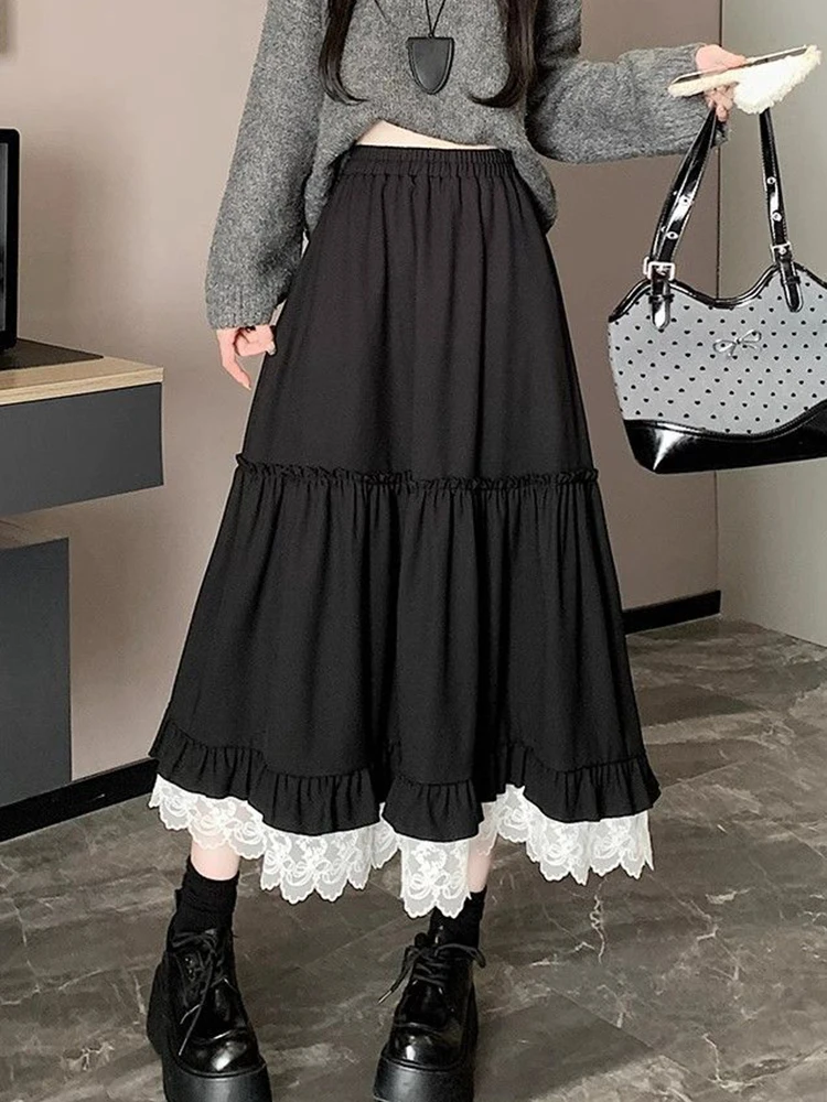 

Япония Y2k черные длинные юбки женские винтажные кружевные лоскутные свободные юбки Harajuku повседневная уличная одежда женская ретро юбка трапециевидной формы