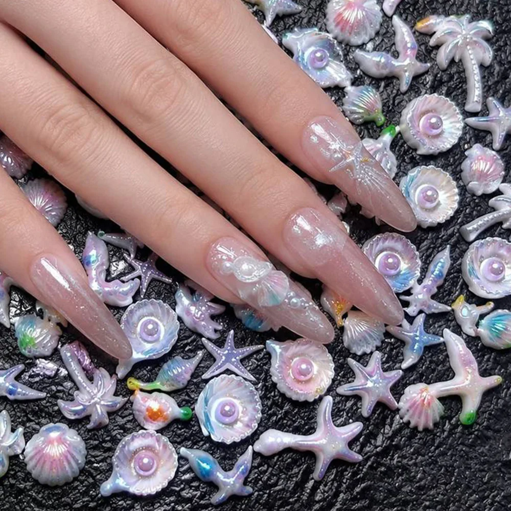 50Pcs Amazing Aurora Sea Shells Nail Charms Assorted Iridescent Sparkling Ocean Wave Nail Decor Adorable Underwater Nail Supplie