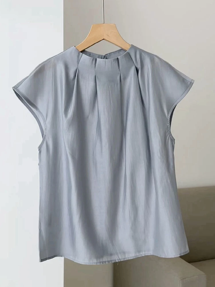 

ay Stand Collar Pleated Flng Sve irt Women's High End Ele Faion Summer Thin Comfortable Slimming Casual Top