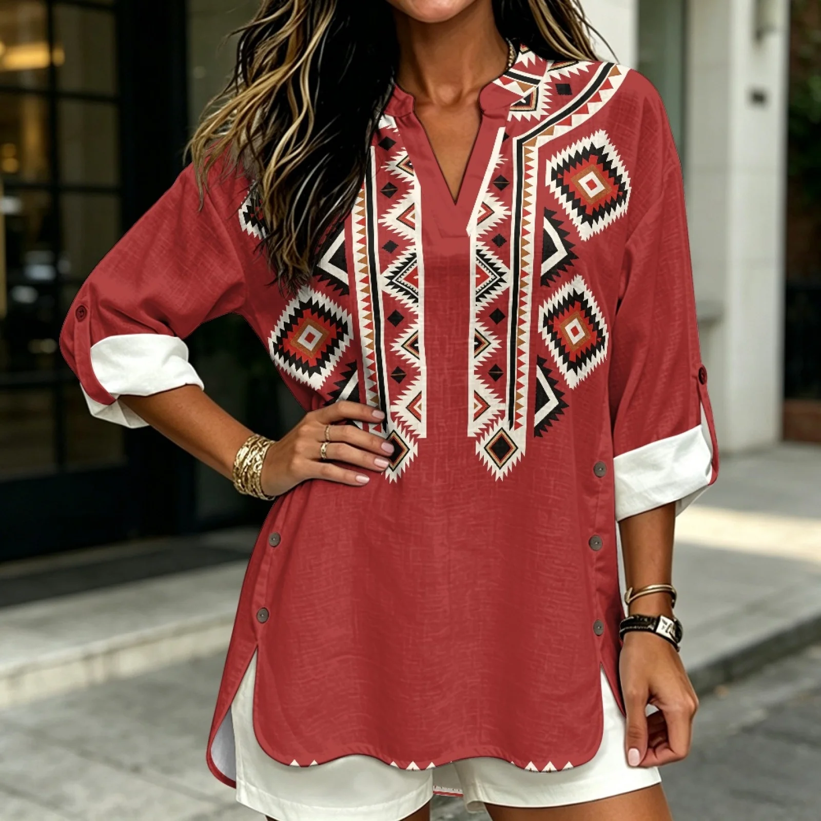 PENSTROLL Red Solid Color Print Stylish V Neck Blouse Shirt for Resort Gatherings Linen Like Women's Top Sizes S-5XL
