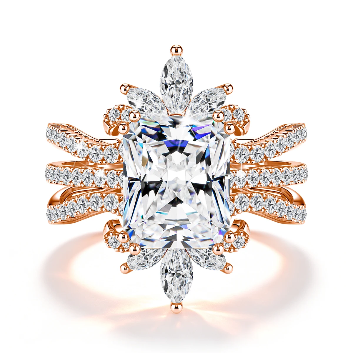 2-teiliger stapelbarer Moissanit-Ring, Redion-Schliff, 925 Sterling Silber, 18k vergoldet, Verlobungs- und Ehering für Brautschmuck – Detail 9