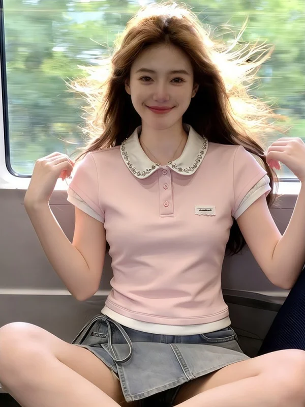 

Outlet Store BM Style Short Sleeve Neck Slim Fit Women's Top Fashion Crystal Detailing Commute Ready Korean Version