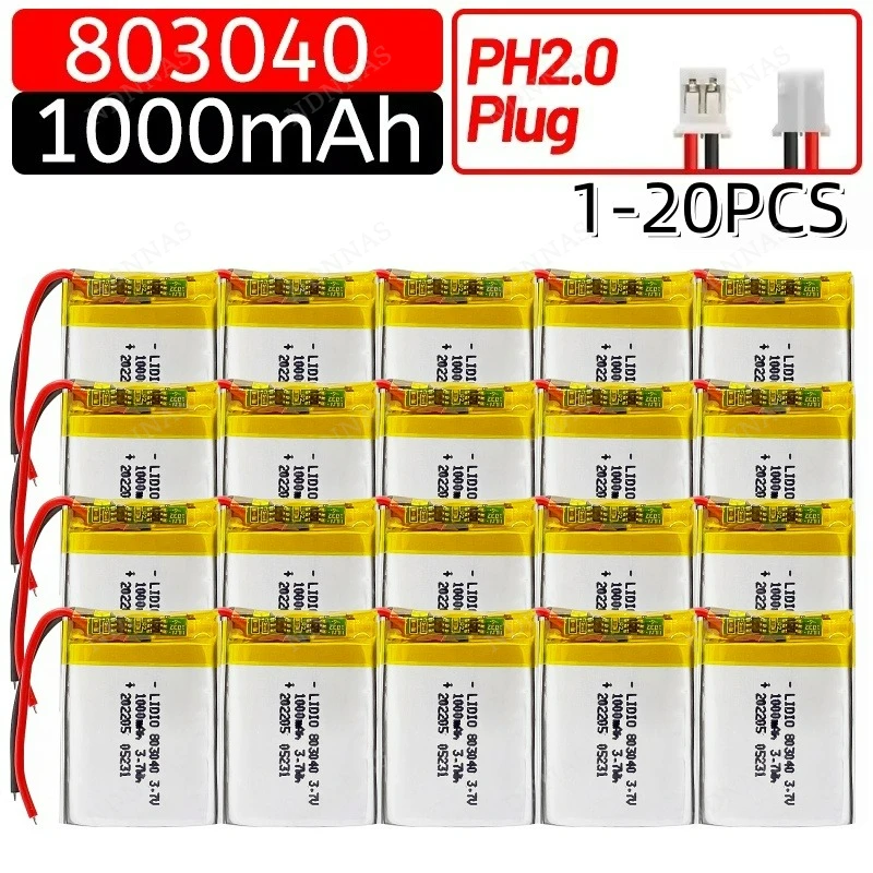 1–20 Stück 3,7 V 1000 mAh 803040 Polymer-Lithium-Akku PH 2.0 2-poliger Stecker für GPS-Navigator MP5 Bluetooth-Headset