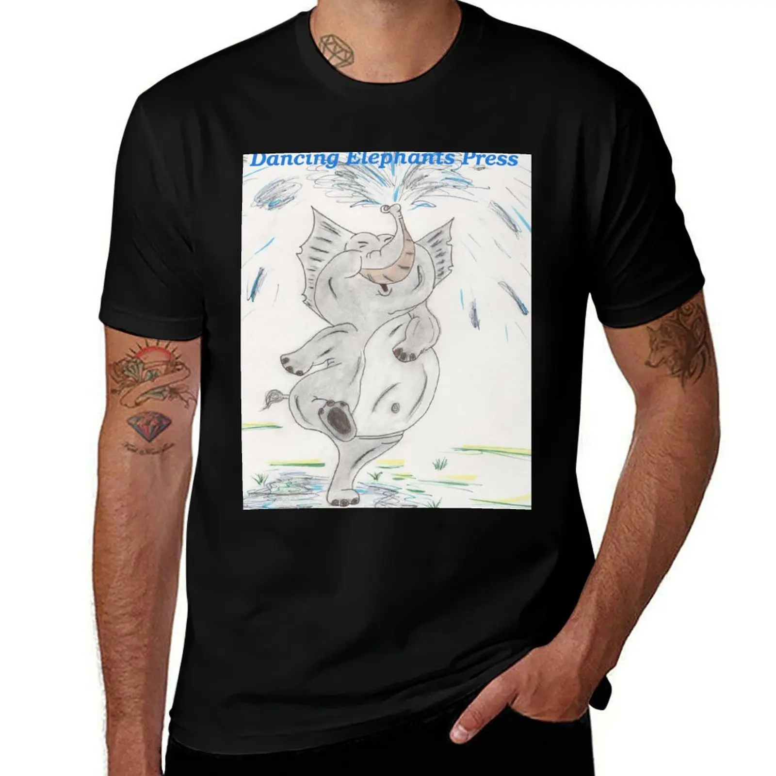 

Dancing Elephants Press Elephant and Logo T-Shirt Casual Simple Design Short Sleeve Shirt