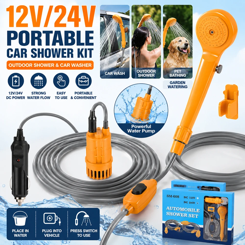 12V/24V Portable Car Shower Kit Outdoor Camping Shower Car Washer Electric Water Pump Travel Cleaning Tool