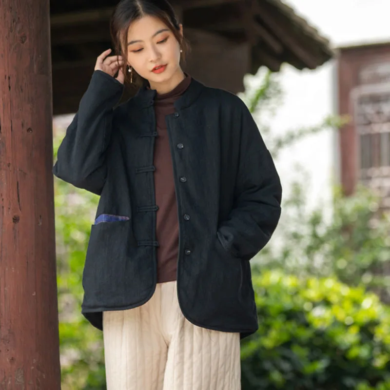 Winter Pure Ramie Splicing Color Contrast Short Cotton-Padded Jacket Women's Literary Temperament Button Loose Clip Cotton Coat