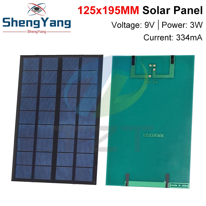 TZT 9V 334mA 3W Solar Panel Polycrystalline 125*195MM Mini Sunpower Solar System DIY for Battery Cell Phone Charger