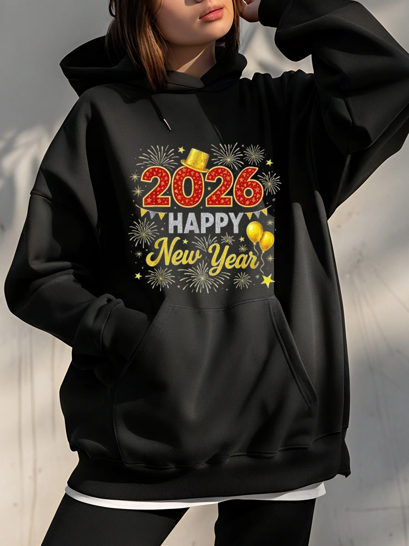 2026 Felpa con cappuccio Happy New Year Party Celebration Felpa con stampa Abbigliamento invernale casual da donna