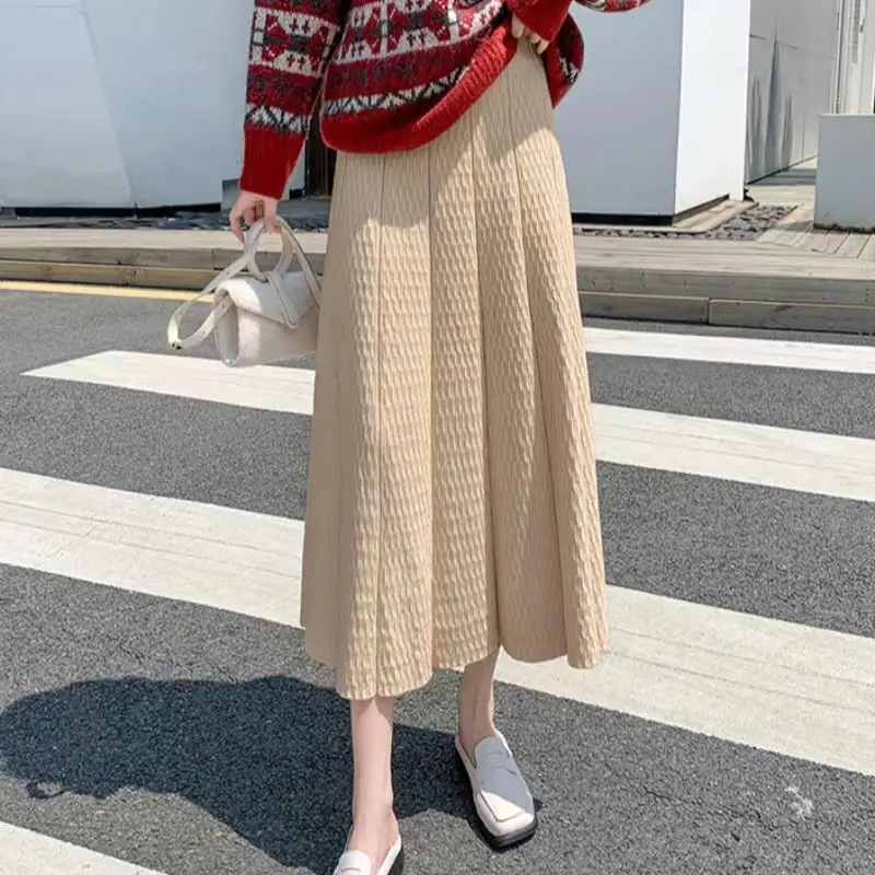 

Mid Length Knitted Skirt For Women Autumn Winter Versatile Retro Style High Waisted Slim A-Line Umbrella Skirt Midi Saia Z2202