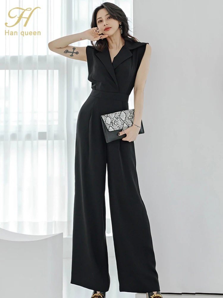 H Han Queen New Korean Sleeveless Elegant Summerr Business Jumpsuits Women Wide Leg Long Playsuits Casual Office Rompers