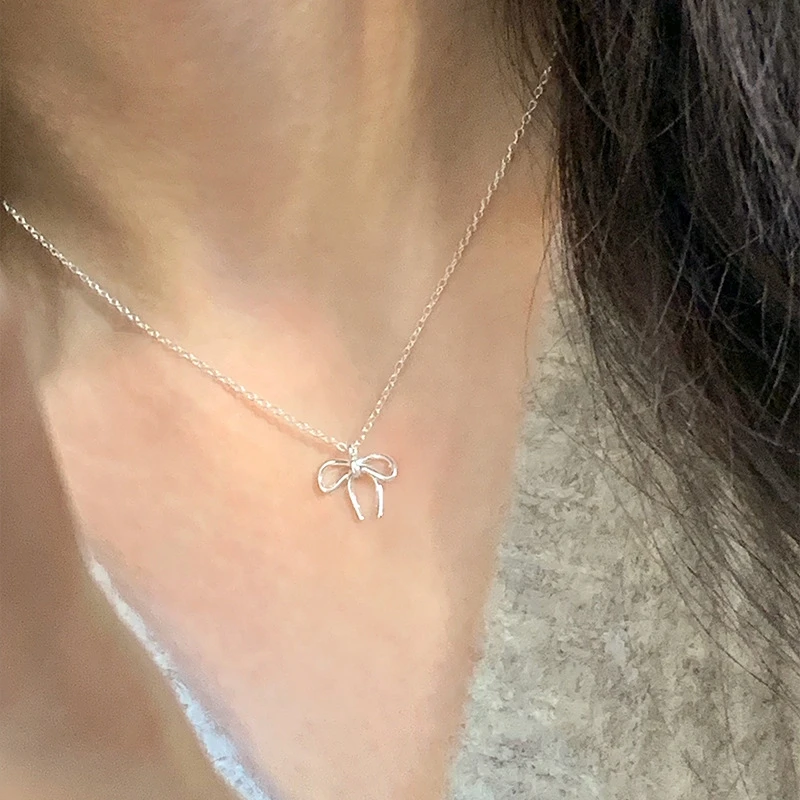 925 Sterling Silver Geometric Bowknot Necklace Clavicle Chain For Woman Simple Temperament Birthday Party Trendy Jewelry Gifts