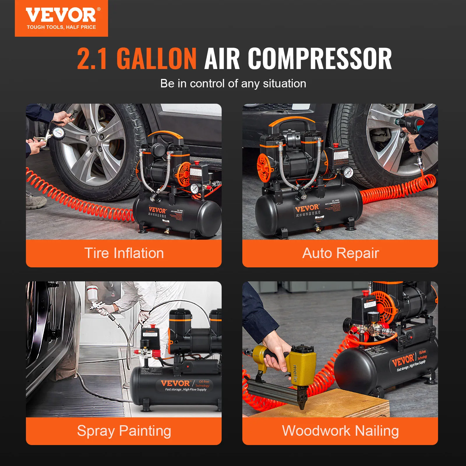 VEVOR Air Compressor Silent Whisper Compressor Oil-free Portable Air Pump for Home Repair Tire Inflation 8L 18L 24L 35L