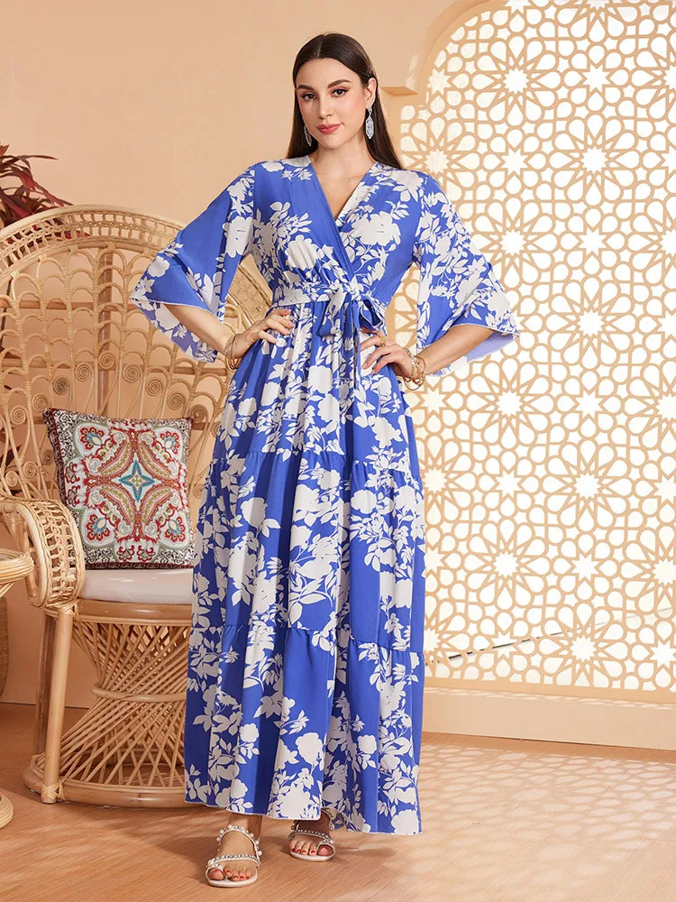 Eid Muslim Women Dress Sashes Jalabiya Flower Print Long Robe Ramadan Morocco Dubai Vestidos Arab Abayas Kaftan Islam Dresses