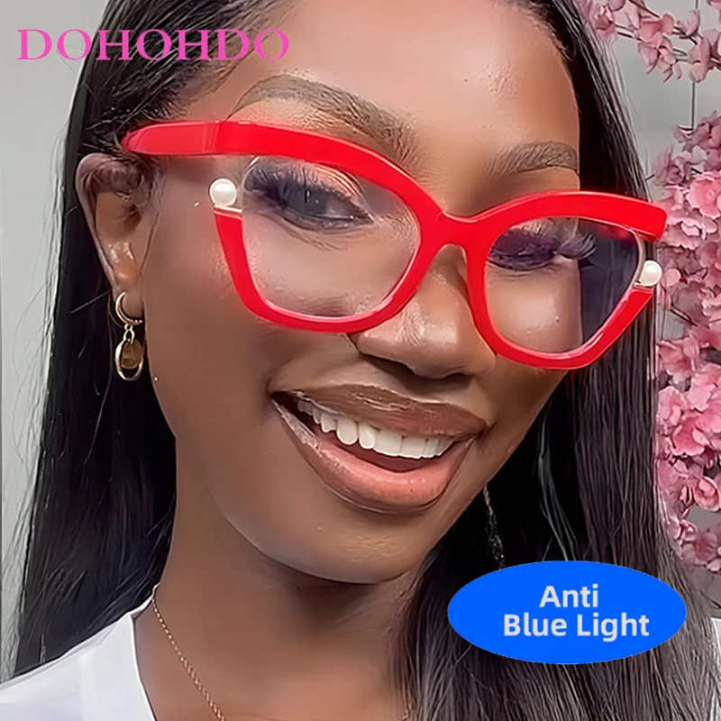 Trend Large Frame Cat Eye Pearl Decoration Glasses Women Men Fashion Brand DesignerComputer Anti-Blue Light Eyeglasses Frame