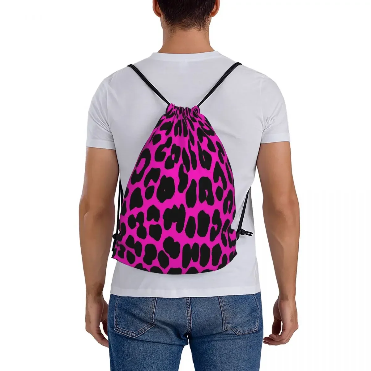 Leopard Pattern  Backpacks Portable Drawstring Bags Drawstring Bundle Pocket Sundries Bag BookBag For Travel School