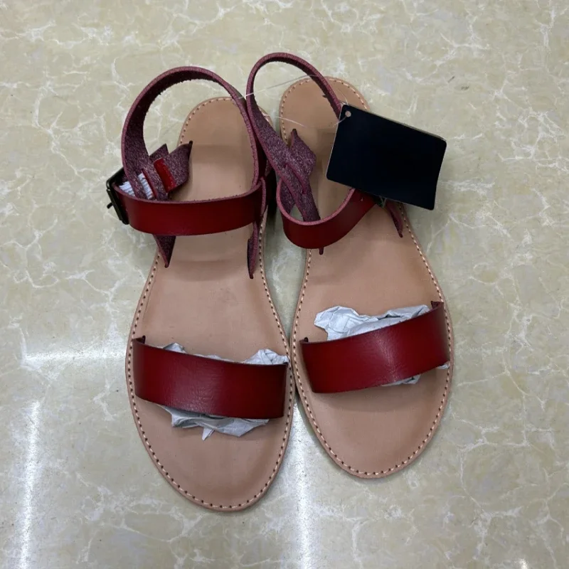 Women Flat Sandals 2024 Buckle Woman Summer Shoes Retro Solid Round Toe Comfort Casual Beach Footwear Red Yellow Large Size