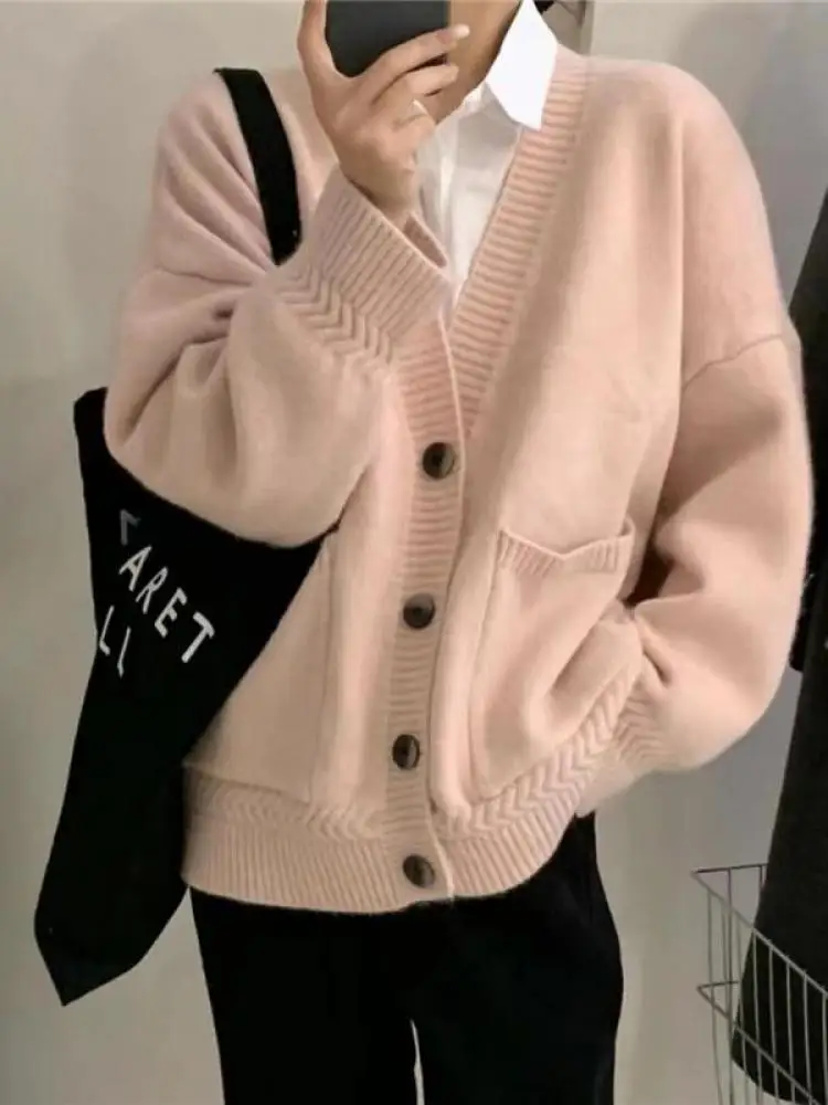 

Корейский стиль, женский однотонный однобортный вязаный свитер с v-образным вырезом, осень-зима, элегантные топы с длинными рукавами, модная популярная одежда