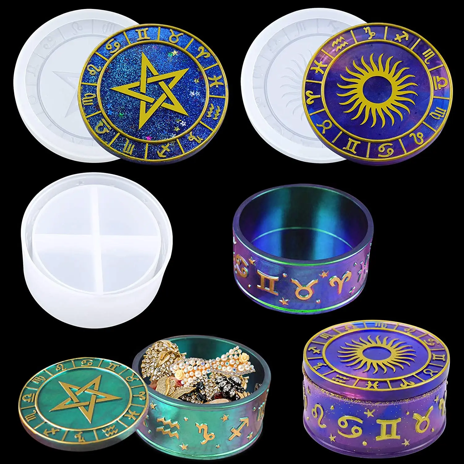 

Constellation Storage Box Resin Mold Sun Star Zodiac Lid Silicone Jar Mould for Epoxy Casting Jewelry Trinket Candle Holder Tool