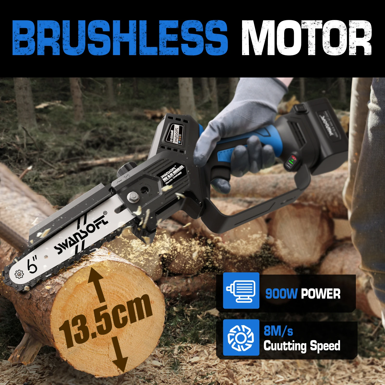 Swansoft 6 INCH Electric Chain Saw Battery Powered Pruning Pole Saw Mini Cordless Chain Saw