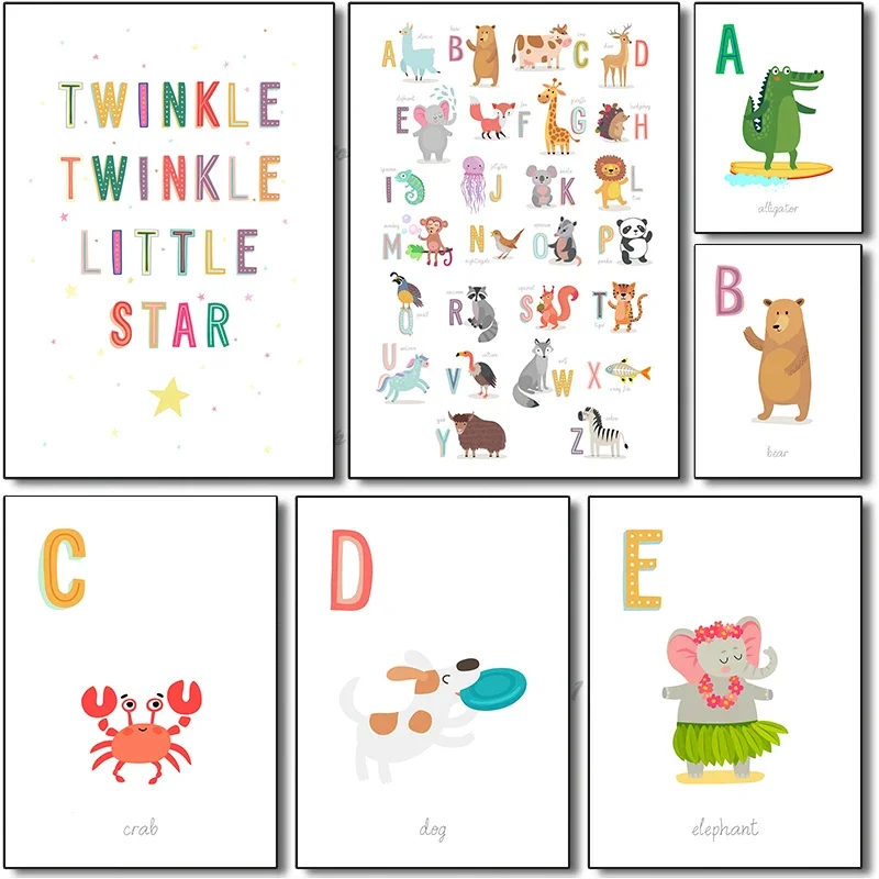 funny animals English letters Preschool Education Poster Canvas Painting Print Wall Art Picture Classroom Nursery Kid Home De