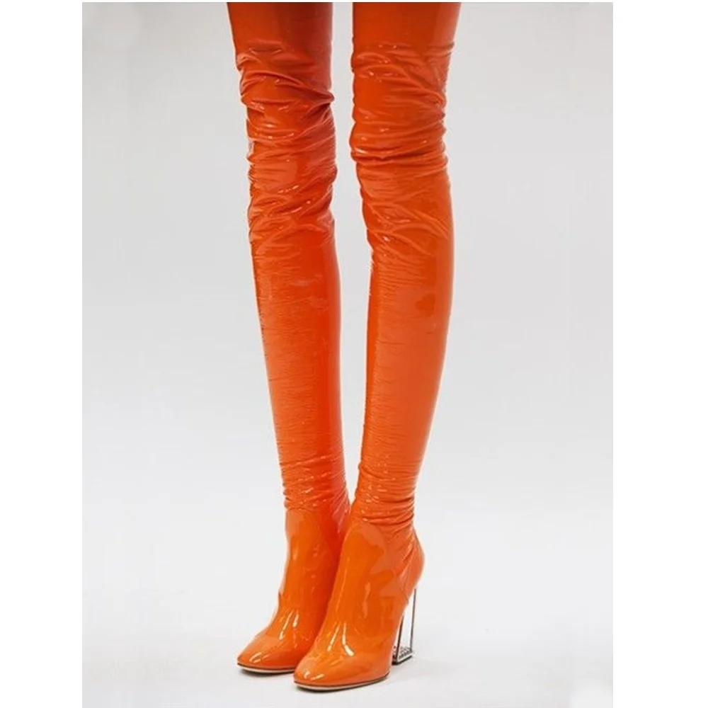 Transparent Chunky Slim Thigh High Boots Autumn Winter Fashion Show Boots Zipper Square Toe Over The Knee Patent Leather Shoes